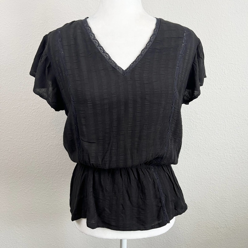 New Japna Blouse Women's M Black Elastic waist Lace Short Sleeves Casual Chic